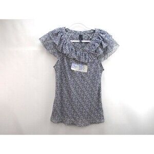 She Said Ruffle Womens Size M Short Sleeve Blouse Blue Shapes White